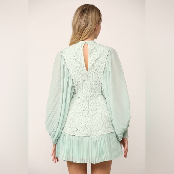 Pleated Volume Sleeve Lace Mini Dress|Statement Long Sleeve Party Dress|S–M - Picture 10 of 12